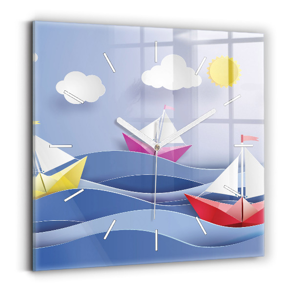 Wanduhr quadratisch Origami bunte Segelboote
