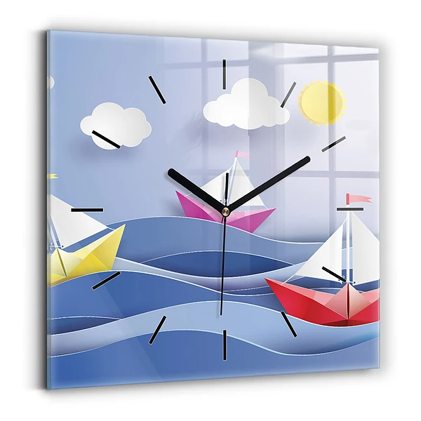Wanduhr quadratisch Origami bunte Segelboote