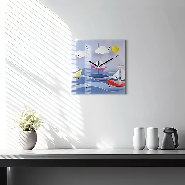 Wanduhr quadratisch Origami bunte Segelboote