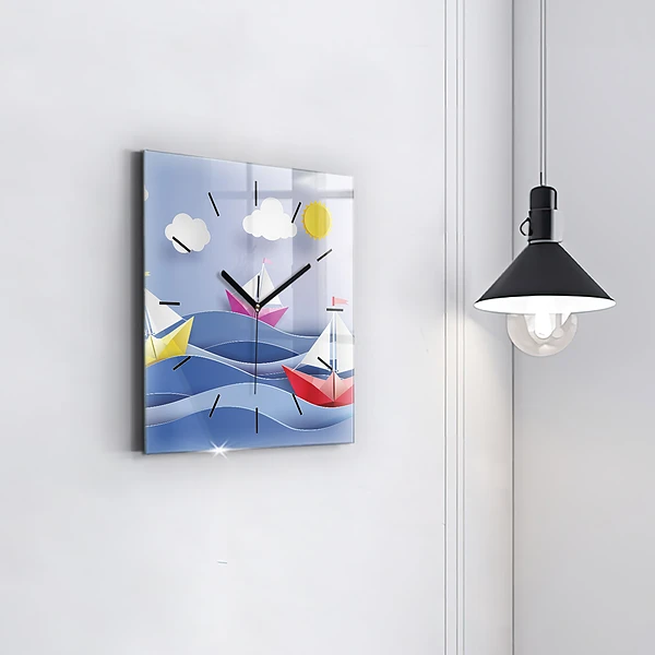 Wanduhr quadratisch Origami bunte Segelboote