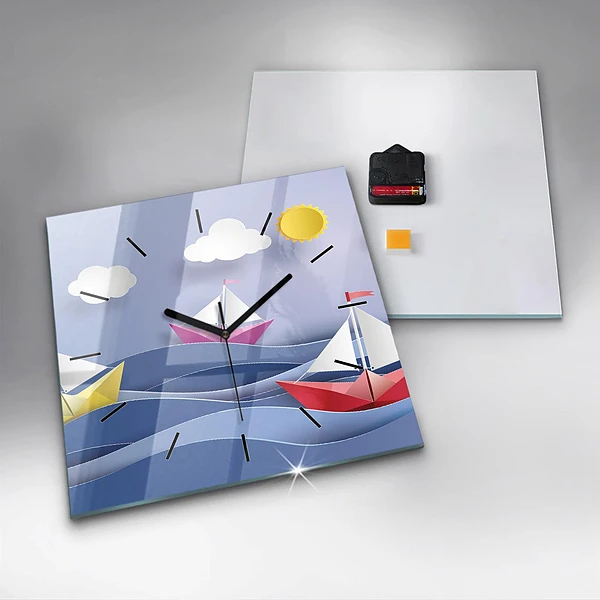 Wanduhr quadratisch Origami bunte Segelboote