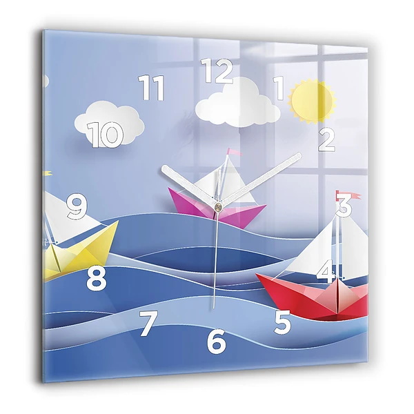 Wanduhr quadratisch Origami bunte Segelboote