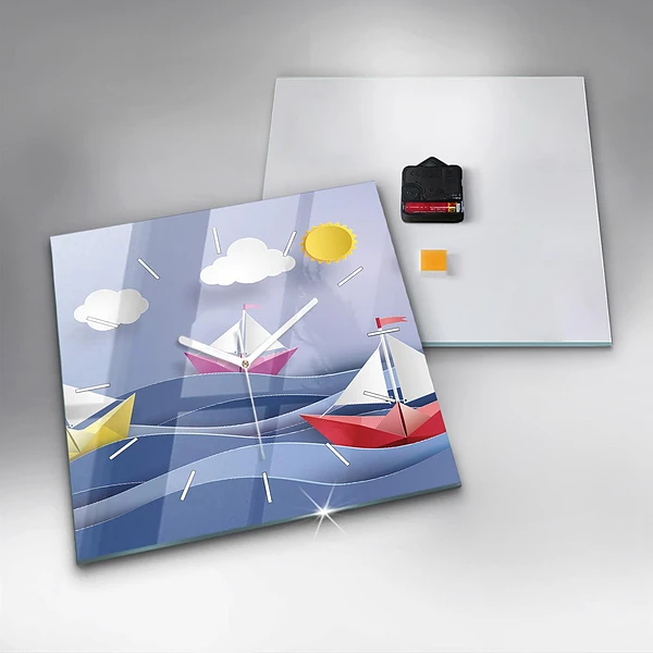 Wanduhr quadratisch Origami bunte Segelboote