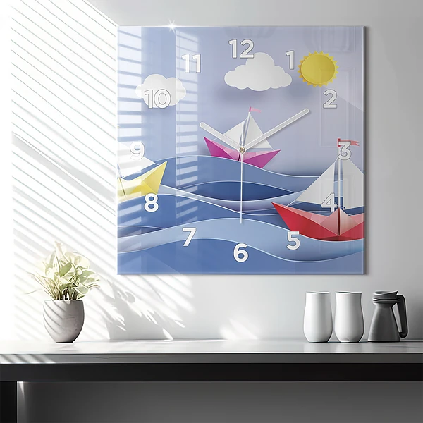 Wanduhr quadratisch Origami bunte Segelboote