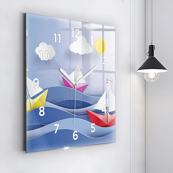 Wanduhr quadratisch Origami bunte Segelboote