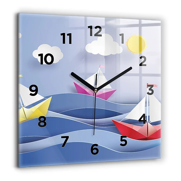 Wanduhr quadratisch Origami bunte Segelboote