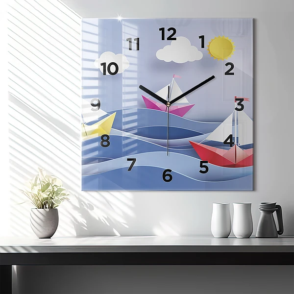 Wanduhr quadratisch Origami bunte Segelboote