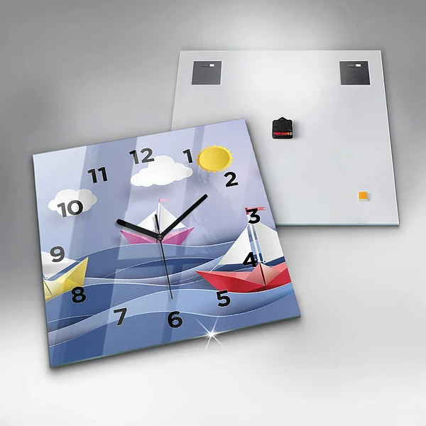 Wanduhr quadratisch Origami bunte Segelboote