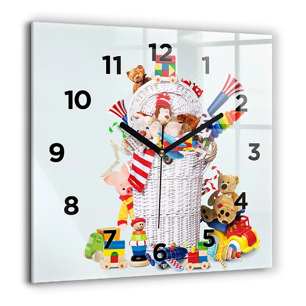 Wanduhr quadratisch mit motiv Weidenkorb mit Spielzeug