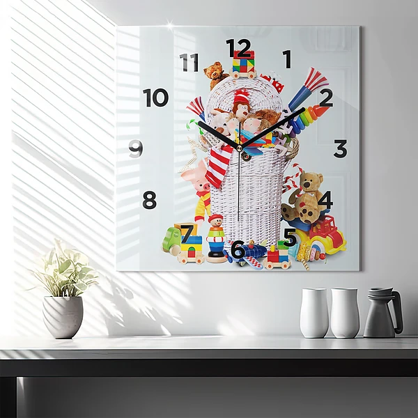 Wanduhr quadratisch mit motiv Weidenkorb mit Spielzeug