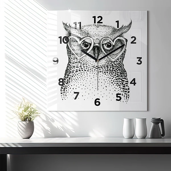 Wanduhr quadratisch Gezeichnete Eule mit Brille