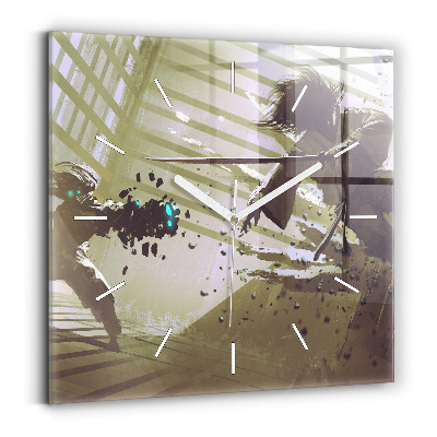 Wanduhr quadratisch mit motiv Kampf zwischen Roboter und Samurai