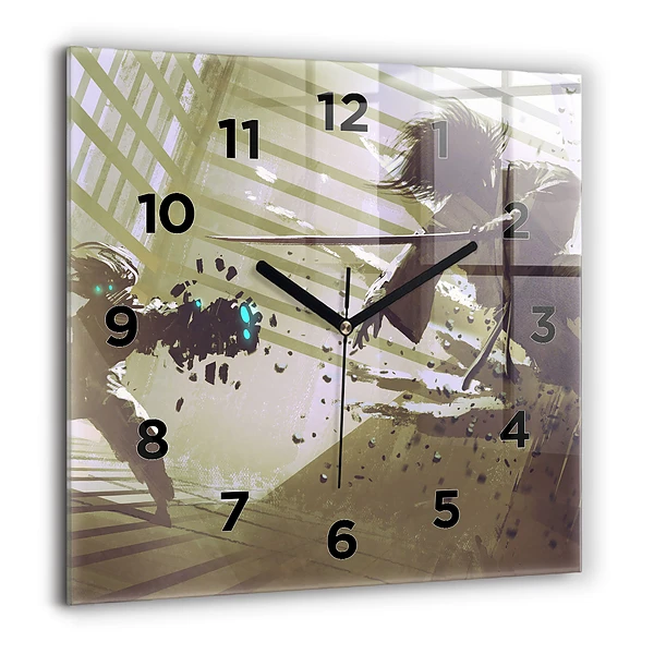 Wanduhr quadratisch mit motiv Kampf zwischen Roboter und Samurai