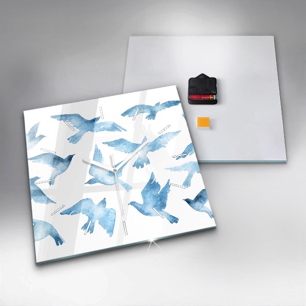 Wanduhr modern quadratisch Fliegende blaue Vögel