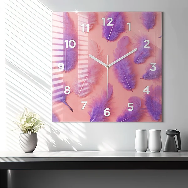 Wanduhr quadratisch Bunte Federn