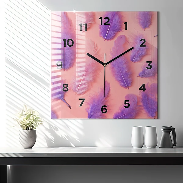 Wanduhr quadratisch Bunte Federn