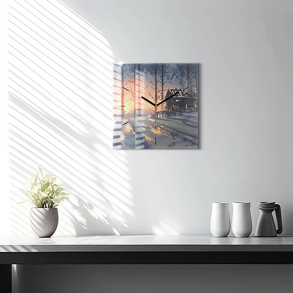 Wanduhr quadratisch mit motiv Winterlandschaft mit Bäumen
