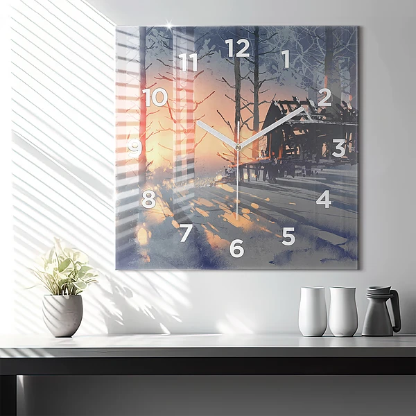 Wanduhr quadratisch mit motiv Winterlandschaft mit Bäumen