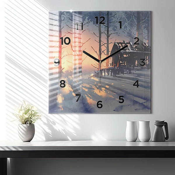 Wanduhr quadratisch mit motiv Winterlandschaft mit Bäumen