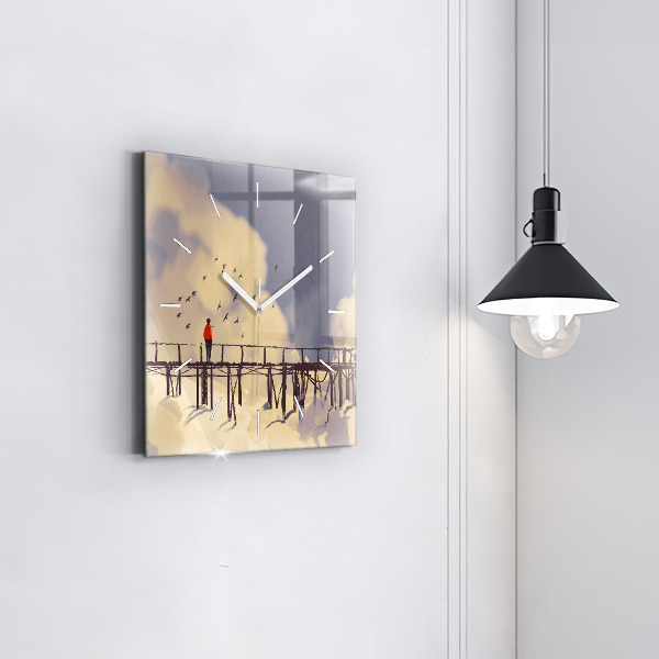 Wanduhr quadratisch Mann auf einer alten Brücke