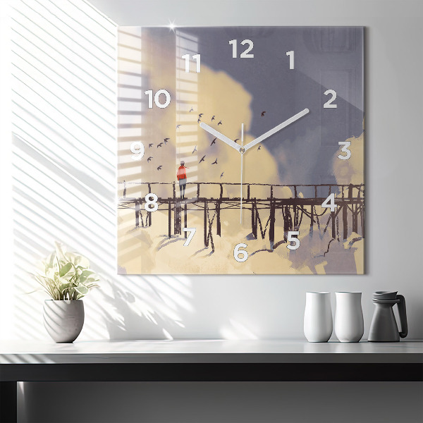 Wanduhr quadratisch Mann auf einer alten Brücke