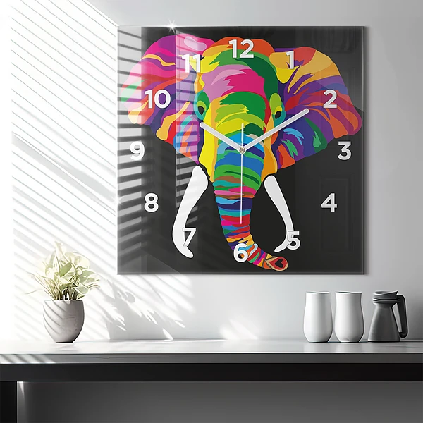 Wanduhr modern quadratisch Gefärbter Elefant