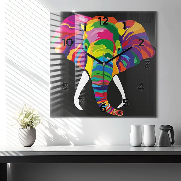 Wanduhr modern quadratisch Gefärbter Elefant