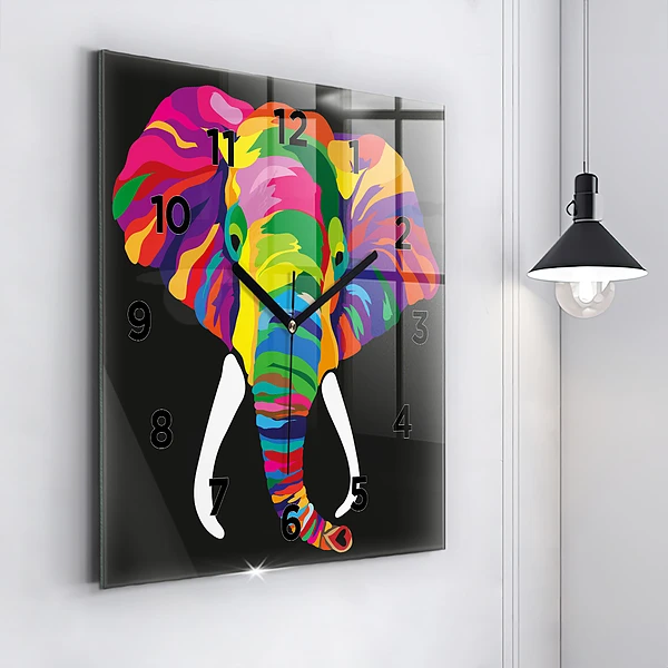 Wanduhr modern quadratisch Gefärbter Elefant