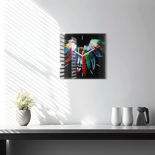Wanduhr quadratisch mit motiv Bunte Vogelfedern