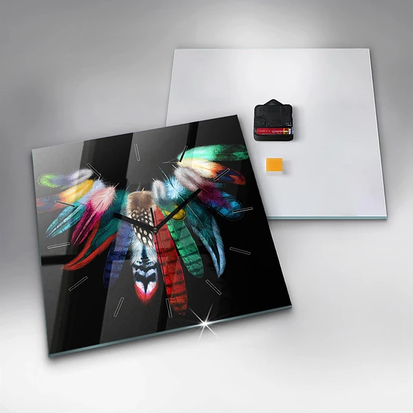 Wanduhr quadratisch mit motiv Bunte Vogelfedern