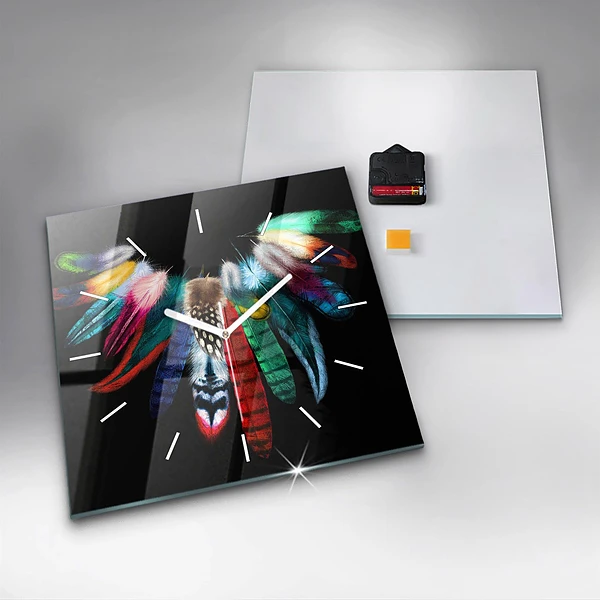 Wanduhr quadratisch mit motiv Bunte Vogelfedern