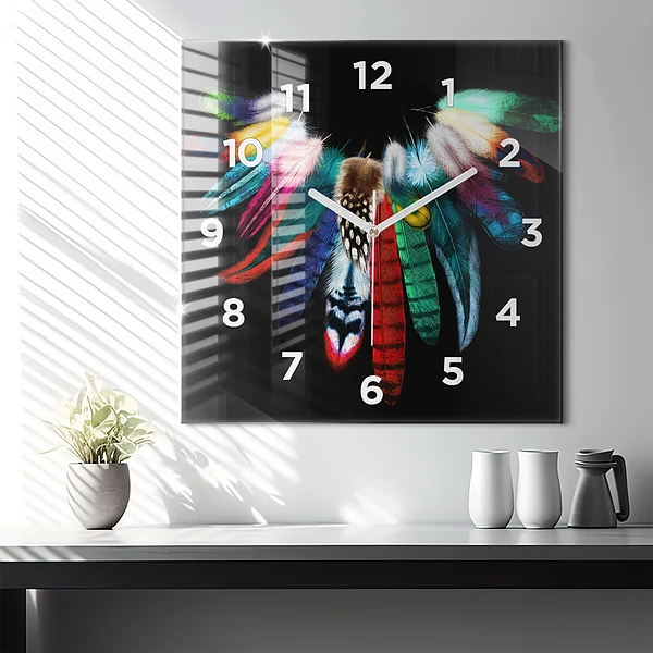 Wanduhr quadratisch mit motiv Bunte Vogelfedern