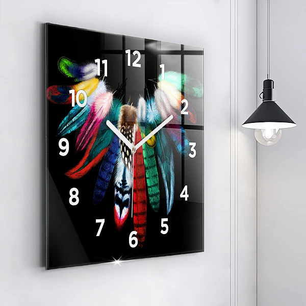 Wanduhr quadratisch mit motiv Bunte Vogelfedern