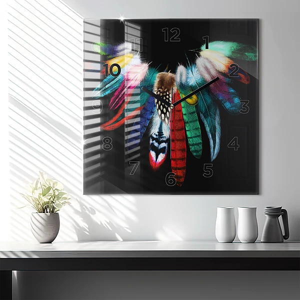 Wanduhr quadratisch mit motiv Bunte Vogelfedern