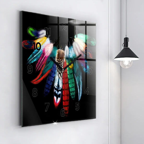 Wanduhr quadratisch mit motiv Bunte Vogelfedern
