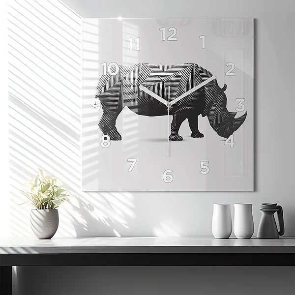Wanduhr quadratisch mit motiv Rhinozeros Linienkunst