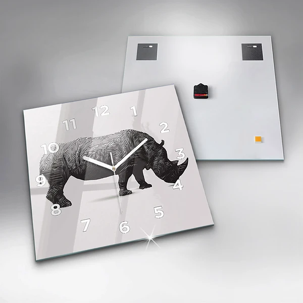 Wanduhr quadratisch mit motiv Rhinozeros Linienkunst