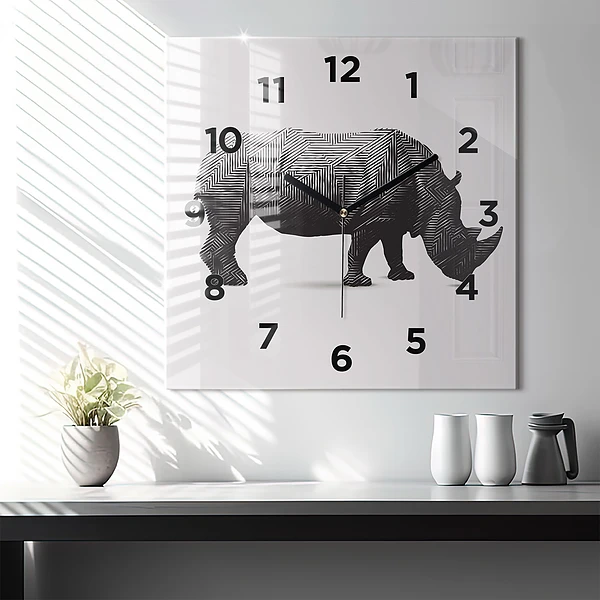 Wanduhr quadratisch mit motiv Rhinozeros Linienkunst