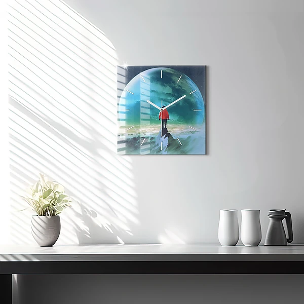 Wanduhr modern quadratisch Mann auf dem Mond