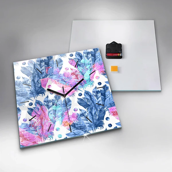 Wanduhr quadratisch mit motiv Bunte Federn