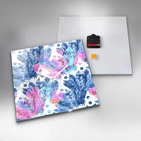 Wanduhr quadratisch mit motiv Bunte Federn