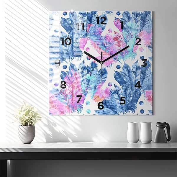 Wanduhr quadratisch mit motiv Bunte Federn