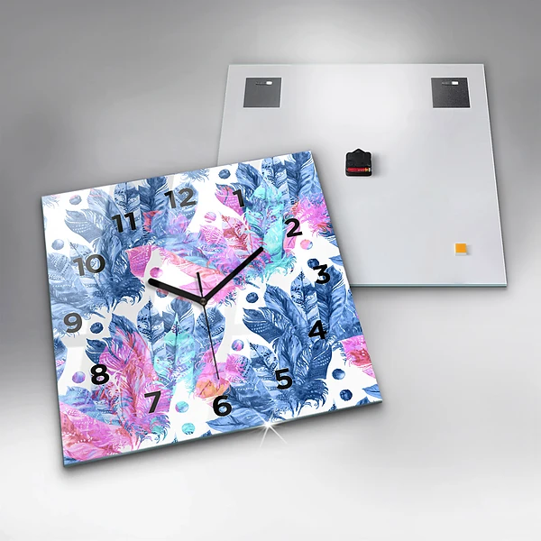 Wanduhr quadratisch mit motiv Bunte Federn