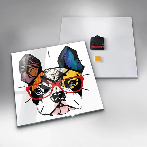 Wanduhr quadratisch Französische Bulldogge mit Brille