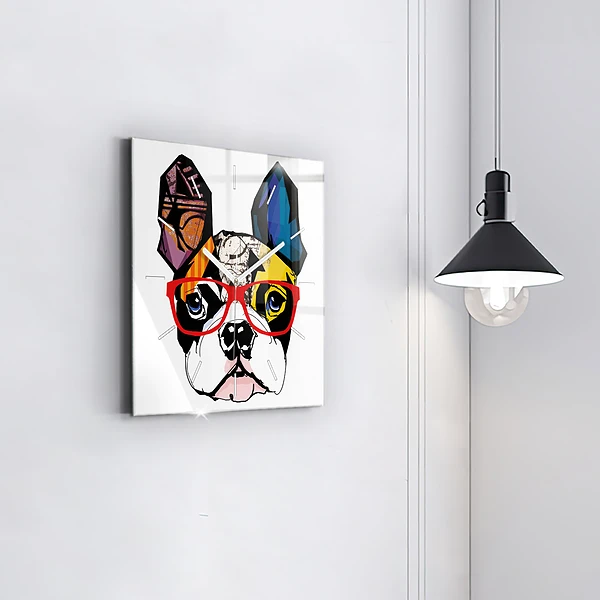 Wanduhr quadratisch Französische Bulldogge mit Brille