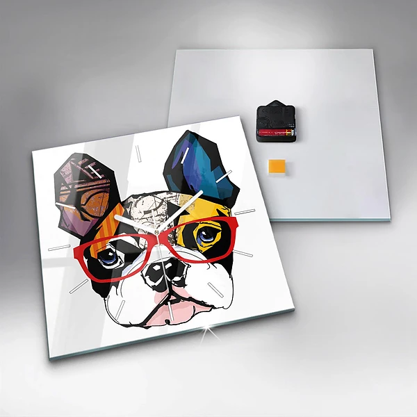 Wanduhr quadratisch Französische Bulldogge mit Brille