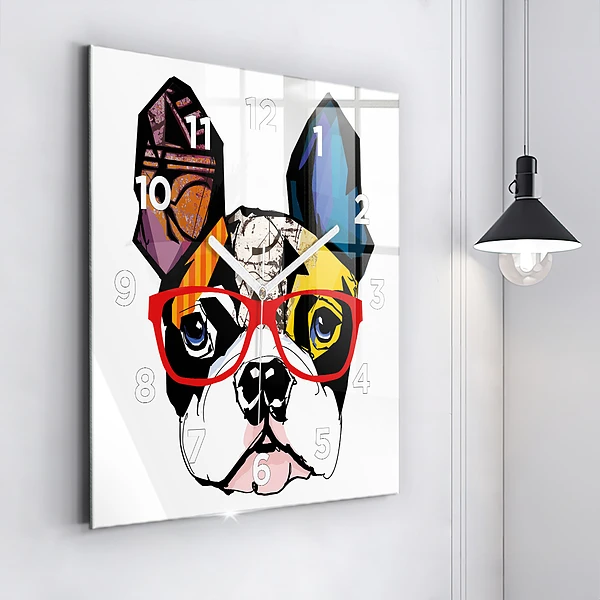 Wanduhr quadratisch Französische Bulldogge mit Brille
