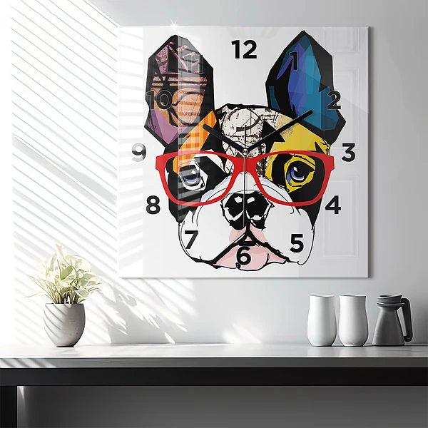 Wanduhr quadratisch Französische Bulldogge mit Brille