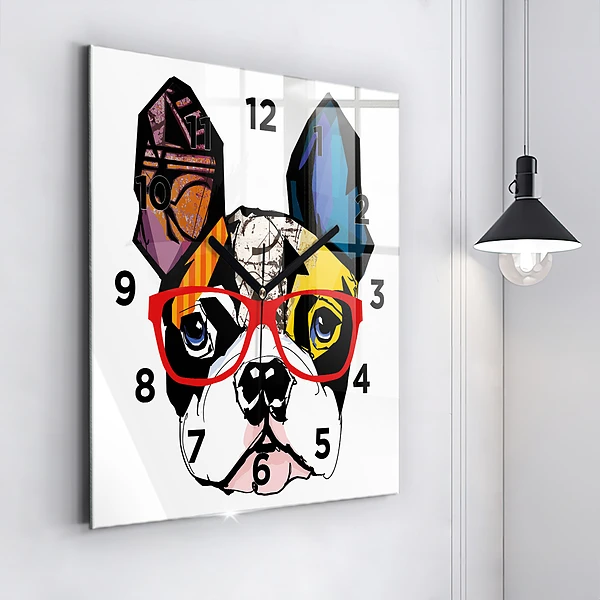 Wanduhr quadratisch Französische Bulldogge mit Brille