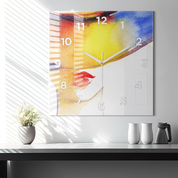 Wanduhr modern quadratisch Frau mit Hut